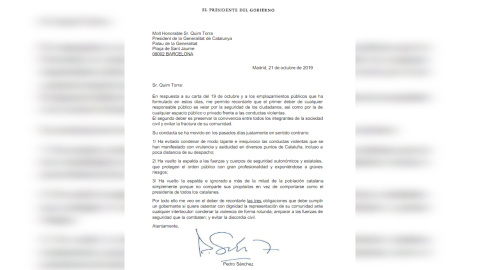 SÃ¡nchez afea por carta a Torra que no haya condenado la violencia