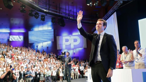 El palentino Pablo Casado, durante su discurso tras ser elegido nuevo presidente del PP en sustitución de Mariano Rajoy/EFE El palentino Pablo Casado, durante su discurso tras ser elegido nuevo presidente del PP en sustitución de Mariano Rajoy/EFE