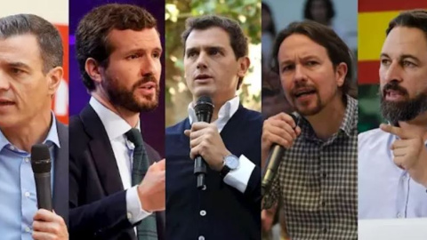 Pedro Sánchez (PSOE), Pablo Casado (PP), Albert Rivera (Cs), Pablo Iglesias (Unidas Podemos) y Santiago Abascal (Vox). / EUROPA PRESS Pedro Sánchez (PSOE), Pablo Casado (PP), Albert Rivera (Cs), Pablo Iglesias (Unidas Podemos) y Santiago Abascal (Vox). / EUROPA PRESS