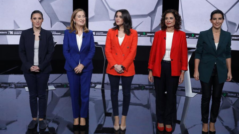 Las dirigentes de los principales partidos con representación parlamentaria, (i-d) Irene Montero (Unidas Podemos), Ana Pastor (PP), Inés Arrimadas (Ciudadanos), María Jesús Montero (PSOE), y Rocío Monasterio (Vox) antes del debate. /EFE Las dirigentes de los principales partidos con representación parlamentaria, (i-d) Irene Montero (Unidas Podemos), Ana Pastor (PP), Inés Arrimadas (Ciudadanos), María Jesús Montero (PSOE), y Rocío Monasterio (Vox) antes del debate. /EFE