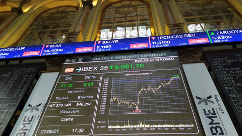 Paneles informativos de la Bolsa Madrid que muestran la evolución del Ibex 35. EFE/ Vega Alonso Paneles informativos de la Bolsa Madrid que muestran la evolución del Ibex 35. EFE/ Vega Alonso