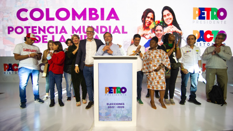 22/03/22. El candidato a la presidencia de Colombia, Gustavo Petro, en el acto de celebración tras conocer el resultado en las elecciones. 22/03/22. El candidato a la presidencia de Colombia, Gustavo Petro, en el acto de celebración tras conocer el resultado en las elecciones.