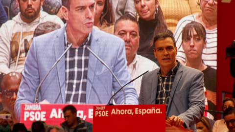 El candidato del PSOE, y presidente del Gobierno en funciones, Pedro Sánchez, durante un acto de precampaña del partido en Zamora. EFE/Mariam A. Montesinos El candidato del PSOE, y presidente del Gobierno en funciones, Pedro Sánchez, durante un acto de precampaña del partido en Zamora. EFE/Mariam A. Montesinos
