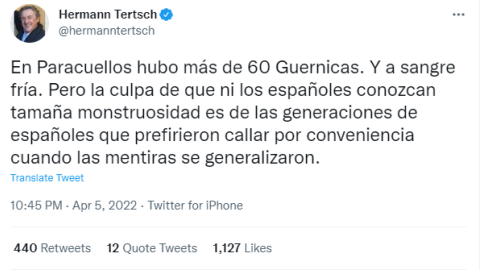 Tuit de Hermann Tertsch que se movió en redes después de las declaraciones de Zelenski. Tuit de Hermann Tertsch que se movió en redes después de las declaraciones de Zelenski.
