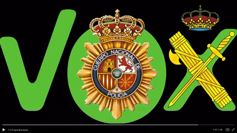 Montaje de los escudos del CNP y la Guardia Civil sobre el logotipo de VOX, fabricado por Jandro Lion para el último vídeo su canal de YouTube. Montaje de los escudos del CNP y la Guardia Civil sobre el logotipo de VOX, fabricado por Jandro Lion para el último vídeo su canal de YouTube.