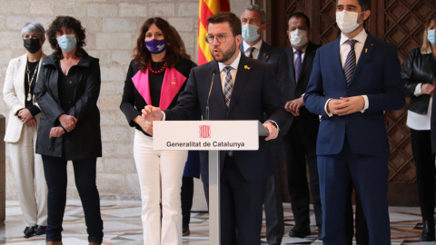 El president de la Generalitat, Pere Aragonès, durant la compareixença posterior a la reunió del Govern per abordar la resposta al 'Catalangate'. El president de la Generalitat, Pere Aragonès, durant la compareixença posterior a la reunió del Govern per abordar la resposta al 'Catalangate'.