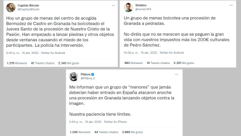 Capturas de 'trolstars' difundiendo el bulo de los menas y el paso de la Semana Santa. Capturas de 'trolstars' difundiendo el bulo de los menas y el paso de la Semana Santa.