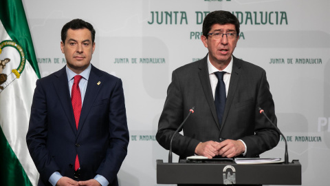 Juanma Moreno y Juan Marín hacen balance de sus primeros cien días al frente del Gobierno de Andalucía. Europa Press Juanma Moreno y Juan Marín hacen balance de sus primeros cien días al frente del Gobierno de Andalucía. Europa Press