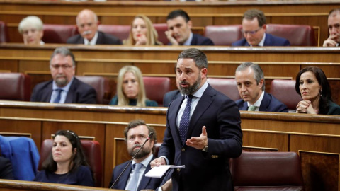 El presidente de Vox, Santiago Abascal, durante su intervención este martes en la sesión constitutiva de las Cortes. /EFE