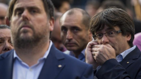 Oriol Junqueras i Carles Puigdemont en una imatge d'arxiu durant una manifestació. EFE / Enric Fontcoberta Oriol Junqueras i Carles Puigdemont en una imatge d'arxiu durant una manifestació. EFE / Enric Fontcoberta