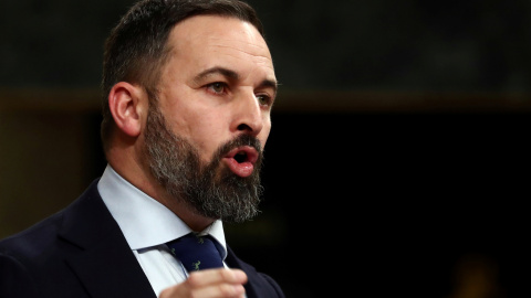 El presidente de Vox, Santiago Abascal, durante su intervención en el Congreso de los Diputados en la primera jornada de la sesión de investidura de Pedro Sánchez como presidente del Gobierno. REUTERS/Sergio