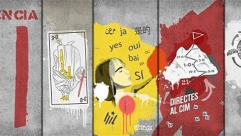 Una imagen de un rey de bastos boca abajo con una porra, entre los murales de la manifestación de la Diada. ANC Una imagen de un rey de bastos boca abajo con una porra, entre los murales de la manifestación de la Diada. ANC