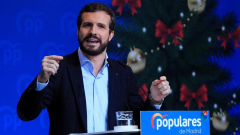 MADRID, 14/12/2019.- El presidente del PP, Pablo Casado, interviene durante la comida de Navidad del PP de Madrid, a la que han asistido entre otros la presidenta de la Comunidad de Madrid, Isabel Díaz Ayuso, y el alcalde de la capital, José Luis Martí MADRID, 14/12/2019.- El presidente del PP, Pablo Casado, interviene durante la comida de Navidad del PP de Madrid, a la que han asistido entre otros la presidenta de la Comunidad de Madrid, Isabel Díaz Ayuso, y el alcalde de la capital, José Luis Martí