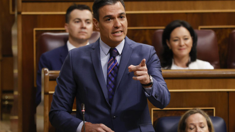 El jefe del Ejecutivo, Pedro Sánchez, interviene en la sesión de control al Gobierno celebrada el pasado miércoles 25 en el Congreso.