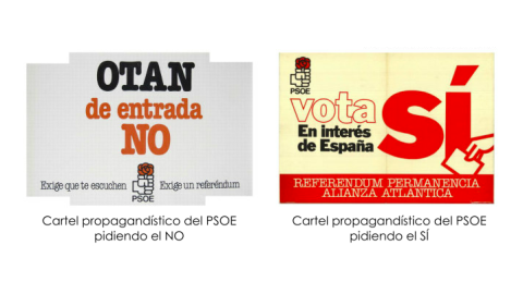 Carteles del PSOE en contra y a favor de la OTAN. Carteles del PSOE en contra y a favor de la OTAN.