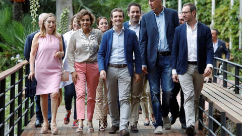 El presidente del PP, Pablo Casado, a su llegada a la Junta Directiva Nacional en Barcelona.EFE/Toni Albir El presidente del PP, Pablo Casado, a su llegada a la Junta Directiva Nacional en Barcelona.EFE/Toni Albir