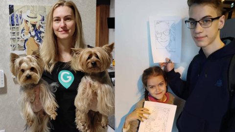 A la izquieda, Tetiana con Benz y Cake. A la derecha, Mykyta y Alisa. A la izquieda, Tetiana con Benz y Cake. A la derecha, Mykyta y Alisa.