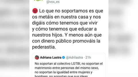 Este tuit ha causado la suspensión de la cuenta oficial de Vox. / Twitter Este tuit ha causado la suspensión de la cuenta oficial de Vox. / Twitter