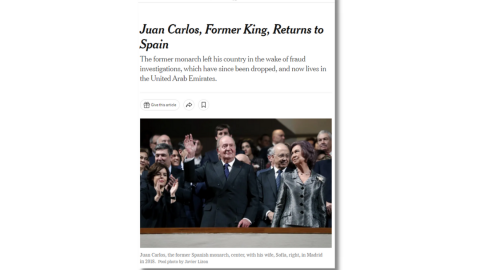 Imagen del The New York Times, en su artículo sobre el regreso de Juan Carlos I a España. Imagen del The New York Times, en su artículo sobre el regreso de Juan Carlos I a España.