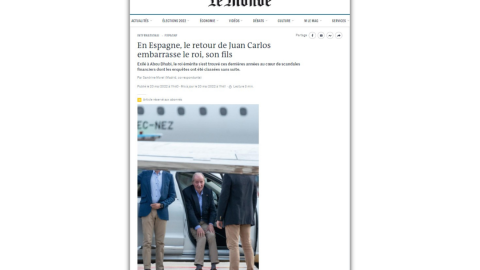 Imagen del diario francés Le Monde, en su pieza sobre el regreso del rey Juan Carlos I Imagen del diario francés Le Monde, en su pieza sobre el regreso del rey Juan Carlos I