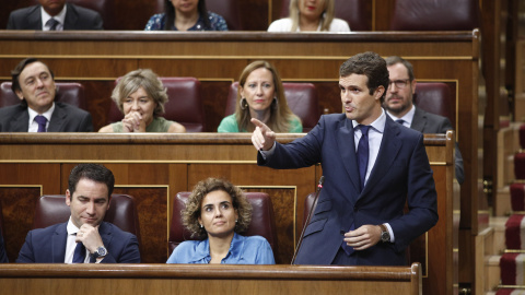El presidente del PP, Pablo Casado, durante la sesión de control al Gobierno en el Congreso el pasado 12 de septiembre - Europa Press El presidente del PP, Pablo Casado, durante la sesión de control al Gobierno en el Congreso el pasado 12 de septiembre - Europa Press