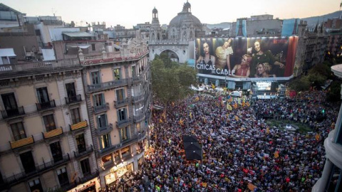 Aspecto del acto que organizan la ANC y Òmnium Cultural en Barcelona, un año después de la movilización ante la sede de la conselleria de Economía, que motivó posteriormente el encarcelamiento de Jordi Sánchez y Jordi Cuixart, y en el que participa Aspecto del acto que organizan la ANC y Òmnium Cultural en Barcelona, un año después de la movilización ante la sede de la conselleria de Economía, que motivó posteriormente el encarcelamiento de Jordi Sánchez y Jordi Cuixart, y en el que participa