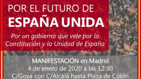 Cartel de la convocatoria 'Por una España Unida' que se celebrará este sábado 4 de enero en Madrid. Cartel de la convocatoria 'Por una España Unida' que se celebrará este sábado 4 de enero en Madrid.