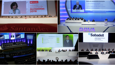 Vista de los consejos de administración de los grandes bancos (de izq. a der. y de arriba a abajo: Banco Santander, BBVA, Caixabank, Bankia y Banco Sabadell) en sus respectivas juntas de accionistas. REUTERS/EFE Vista de los consejos de administración de los grandes bancos (de izq. a der. y de arriba a abajo: Banco Santander, BBVA, Caixabank, Bankia y Banco Sabadell) en sus respectivas juntas de accionistas. REUTERS/EFE