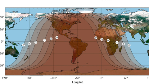 Visibilidad del eclipse lunar en el mundo. La zona en que será visible la totalidad viene delimitada por la parte interna de las curvas etiquetadas con iT y fT. Visibilidad del eclipse lunar en el mundo. La zona en que será visible la totalidad viene delimitada por la parte interna de las curvas etiquetadas con iT y fT.