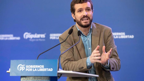 19/01/2020.- El presidente del PP Pablo Casado, durante su intervención en el acto de partido, "Los Gobiernos por la Libertad", hoy en el Auditorio Regional de Murcia. EFE/Marcial Guillén 19/01/2020.- El presidente del PP Pablo Casado, durante su intervención en el acto de partido, "Los Gobiernos por la Libertad", hoy en el Auditorio Regional de Murcia. EFE/Marcial Guillén