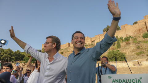 El presidente del PP-A y candidato a la reelección a la Presidencia de la Junta, Juanma Moreno, junto al presidente del PP, Alberto Núñez Feijoó, clausuran un mitin, a 11 de junio del 2022 en Málaga. El presidente del PP-A y candidato a la reelección a la Presidencia de la Junta, Juanma Moreno, junto al presidente del PP, Alberto Núñez Feijoó, clausuran un mitin, a 11 de junio del 2022 en Málaga.