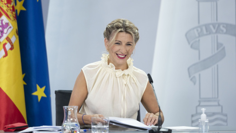 La vicepresidenta segunda y ministra de Trabajo y Economía Social, Yolanda Díaz, comparece tras la reunión del Consejo de Ministros en Moncloa, a 21 de junio de 2022, La vicepresidenta segunda y ministra de Trabajo y Economía Social, Yolanda Díaz, comparece tras la reunión del Consejo de Ministros en Moncloa, a 21 de junio de 2022,