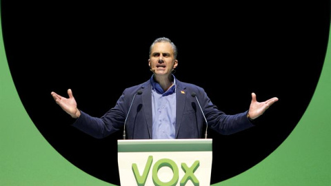 El secretario general de Vox, Javier Ortega Smith, durante el acto de la organización en el Palacio de Vistalegre de Madrid - EFE/ Paolo Aguilar El secretario general de Vox, Javier Ortega Smith, durante el acto de la organización en el Palacio de Vistalegre de Madrid - EFE/ Paolo Aguilar