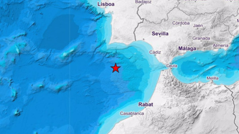 Imagen de la localización del terremoto en el Golfo de Cádiz de este domingo. Imagen de la localización del terremoto en el Golfo de Cádiz de este domingo.