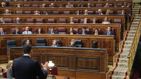 El presidente del Gobierno, Pedro Sánchez, se dirige al presidente del partido popular, Pablo Casado, durante su intervención en la sesión de control al Ejecutivo. /EFE El presidente del Gobierno, Pedro Sánchez, se dirige al presidente del partido popular, Pablo Casado, durante su intervención en la sesión de control al Ejecutivo. /EFE