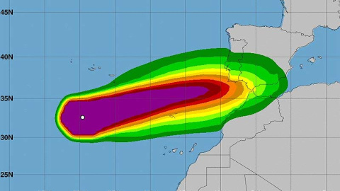 Pronóstico de la evolución de la tormenta Leslie en los próximos dos días. NOAA/Aemet Pronóstico de la evolución de la tormenta Leslie en los próximos dos días. NOAA/Aemet