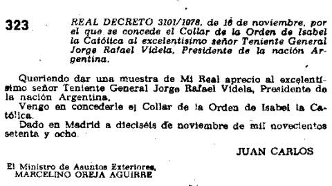 La condecoración de Videla en el BOE. La condecoración de Videla en el BOE.