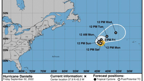 02/09/2022-Imagen cedida este viernes por la Oficina Nacional de Administración Oceánica y Atmosférica de Estados Unidos (NOAA), a través del Centro Nacional de Huracanes (NHC), donde se muestra el pronóstico de cinco días del paso del huracán Dani 02/09/2022-Imagen cedida este viernes por la Oficina Nacional de Administración Oceánica y Atmosférica de Estados Unidos (NOAA), a través del Centro Nacional de Huracanes (NHC), donde se muestra el pronóstico de cinco días del paso del huracán Dani