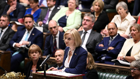 La primera ministra británica, Liz Truss, en una intervención en la Cámara de los Comunes de Londres. La primera ministra británica, Liz Truss, en una intervención en la Cámara de los Comunes de Londres.