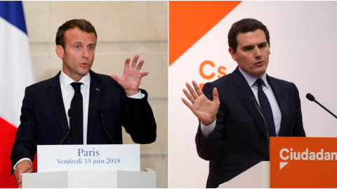 El presidente de Francia, Emmanuel Macron, en una intervención en el Palacio del Eliseo, y el presidente de Ciudadanos, Albert ivera, en una comparecencia en la sede del partido en Madrid. REUTERS El presidente de Francia, Emmanuel Macron, en una intervención en el Palacio del Eliseo, y el presidente de Ciudadanos, Albert ivera, en una comparecencia en la sede del partido en Madrid. REUTERS