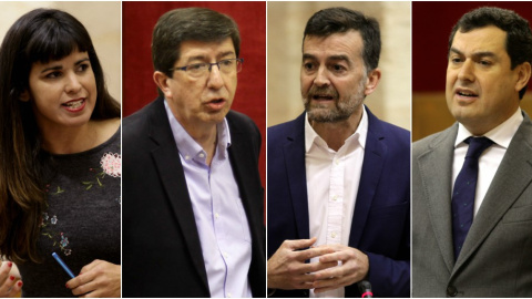 De izquierda a derecha, Teresa Rodríguez (Podemos), Juan Marín (Ciudadanos), Antonio Maíllo (IU), y Juan Manuel Moreno Bonill (PP). De izquierda a derecha, Teresa Rodríguez (Podemos), Juan Marín (Ciudadanos), Antonio Maíllo (IU), y Juan Manuel Moreno Bonill (PP).