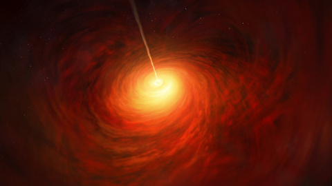 Ilustración del agujero negro en el corazón de la enorme galaxia M87. Se muestra el material sobrecalentado que lo rodea, incluido el chorro relativista de partículas que sale disparado. ¿Cómo se relaciona con el agujero negro? Será una de las cuest Ilustración del agujero negro en el corazón de la enorme galaxia M87. Se muestra el material sobrecalentado que lo rodea, incluido el chorro relativista de partículas que sale disparado. ¿Cómo se relaciona con el agujero negro? Será una de las cuest