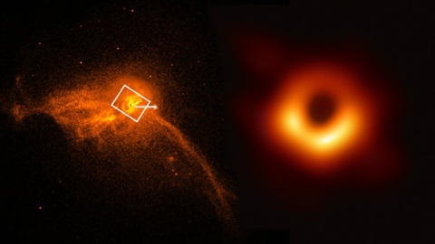 En el núcleo de la galaxia M87 (a la izquierda) se ha captado la primera imagen de un agujero negro (a la derecha). / Primera foto de NASA/CXC/Villanova University/J. Neilsen y segunda de la colaboración EHT En el núcleo de la galaxia M87 (a la izquierda) se ha captado la primera imagen de un agujero negro (a la derecha). / Primera foto de NASA/CXC/Villanova University/J. Neilsen y segunda de la colaboración EHT