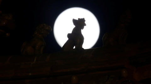 La silueta de la decoración del techo se ve contra la luna llena en la Ciudad Prohibida durante un evento para celebrar el Festival de los Faroles de China el último día de las celebraciones del año nuevo lunar en Beijing, China | REUTERS/ Jason Sotav