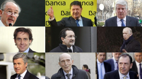 Nueve de los 32 imputados por el fiasco de la salida a bolsa de Bankia, de izquierda a derecha: Rodrigo Rato, José Luis Olivas, Arturo Fernández, Francisco Javier López Madrid, José Antonio Moral Santín, Ricardo Romero de Tejada, Ángel Acebes, José Nueve de los 32 imputados por el fiasco de la salida a bolsa de Bankia, de izquierda a derecha: Rodrigo Rato, José Luis Olivas, Arturo Fernández, Francisco Javier López Madrid, José Antonio Moral Santín, Ricardo Romero de Tejada, Ángel Acebes, José