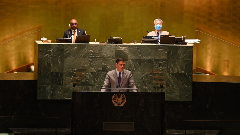 El presidente del Gobierno, Pedro Sánchez, en su discurso ante la Asamblea General de la ONU en 2021. El presidente del Gobierno, Pedro Sánchez, en su discurso ante la Asamblea General de la ONU en 2021.