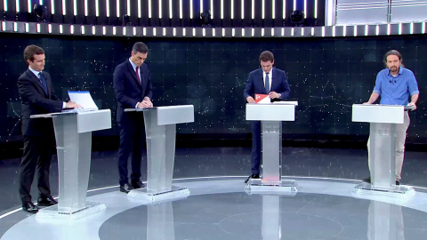 Pablo Casado (PP), Pedro Sanchez (PSOE), Albert Rivera (Ciudadanos) y Pablo Iglesias (Unidas Podemos), en el debate electoral en TVE. REUTERS Pablo Casado (PP), Pedro Sanchez (PSOE), Albert Rivera (Ciudadanos) y Pablo Iglesias (Unidas Podemos), en el debate electoral en TVE. REUTERS