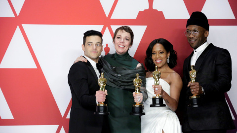 Rami Malek por su papel en 'Bohemian Rhapsody'; Olivia Colman por su papel en ‘La Favorita’; Regina King por ‘If Beale Street Could Talk'; y Mahershala Ali por 'Green Book' | EFE/ Etienne Laurent