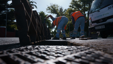 Personal de limpieza del ayuntamiento de La Laguna (Tenerife) efectúa labores de desescombro del alcantarillado público en previsión de las lluvias a consecuencia del ciclón tropical. Personal de limpieza del ayuntamiento de La Laguna (Tenerife) efectúa labores de desescombro del alcantarillado público en previsión de las lluvias a consecuencia del ciclón tropical.