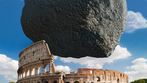 Asteroide Dimorphos a escala con el coliseo de Roma.